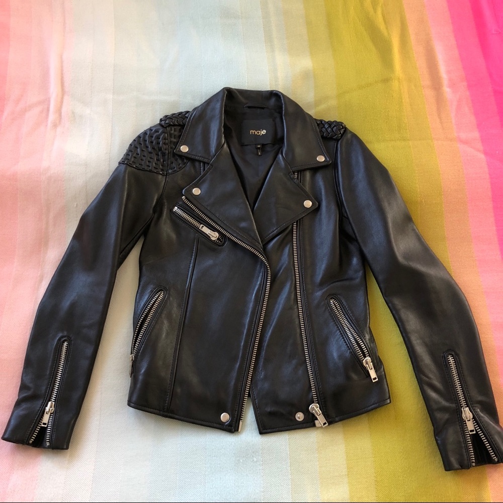 Maje Madone Stitched Leather Biker Jacket